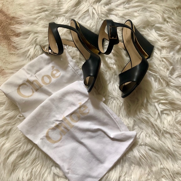 { Chloe } Black Leather Block Heel Sandal w/ Gold - Picture 6 of 7